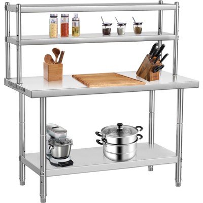 Stainless Steel Table with Double Overshelf, 30" X 24"/36" X 24"/48" X 24"  Work Table with Shelf, 2 Tier Shelf for Prep & Work Table in Restaurant