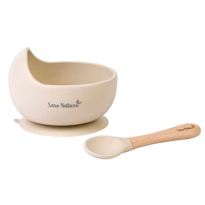 SARO "Nordic Wave" Silicone Baby Feeding Set: Suction Bowl & Wooden Spoon for Baby-Led Weaning & Self-Feeding