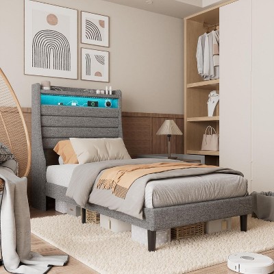 Bed Frame, Modern Upholstered Platforms Bed with Lights and Charging Station, Comfy Queen Bed Frame with Wood Slat Support