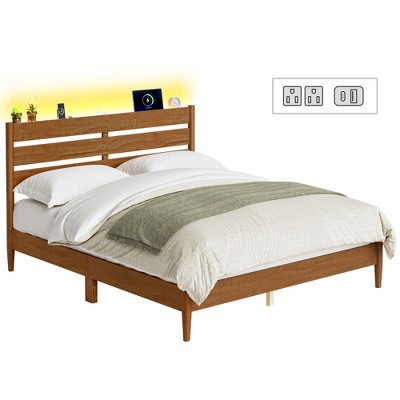 Queen Platform Bed Frame with LED Headboard & Charging Station, Mid-Century Modern Style, No Box Spring Needed