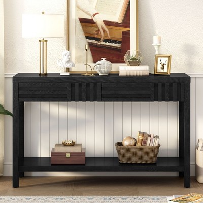 Kumasinova 51.3" Sofa Table with Striped Design,Veneer Console Table with Drawers,Entryway Table with Storage Open Shelf,Console Tables for Entryway