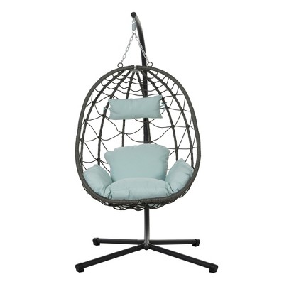 Single Wicker Hanging Swing Egg Chair with Stand and Cushions for Indoor/Outdoor