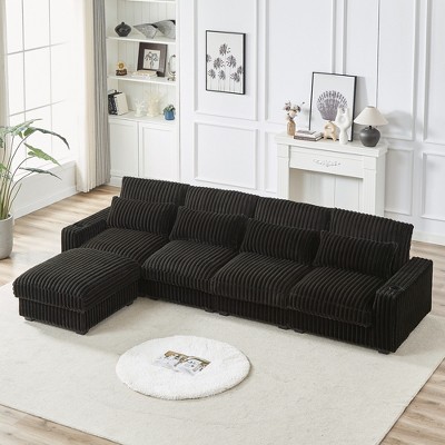 126" Corduroy L-Shaped Sectional Sofa with Cup Holders, USB & Type-C Ports, 4 Pillows, Movable Footrest, Oversized Couch for Living Room