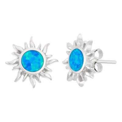 Opalata Sterling Silver Blue Inlay Opal Sun Stud Earrings - Black
