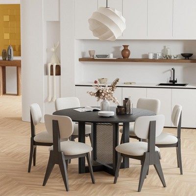 PexFix 52" x 52" Farmhouse Kitchen Dining Room Table Furniture Round Black Kitchen Table with Rattan Woven Legs for Kitchen Bar Living Room