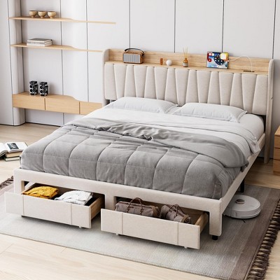 Whizmax Bed Frame with 2 Storage Drawers, Upholstered Platform Bed Frame with Storage Headboard, Mattress Foundation with Solid Wooden Slats Support