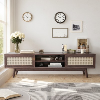 MAYEERTY 65 Inch Walnut Mid Century Modern TV Stand Boho Console with Cable Management for Living Room