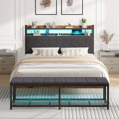 VECELO Full/Queen Upholstered Bed Frame with Storage End of Bed Bench, Platform Bed with Headboard & Charging Station, LED Lights, Gray