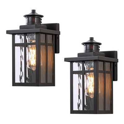 C Cattleya Matte Black Motion Sensing Dusk to Dawn Outdoor Wall Lantern Sconces with Water Glass(2-Pack)