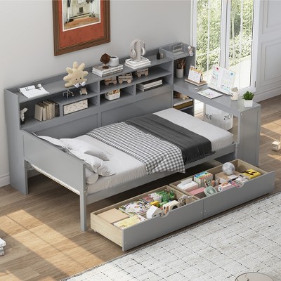 KIGFTSOD Wooden Daybed with Storage Shelves, Multi-functional Bed with Two Storage Drawers and Study Desk