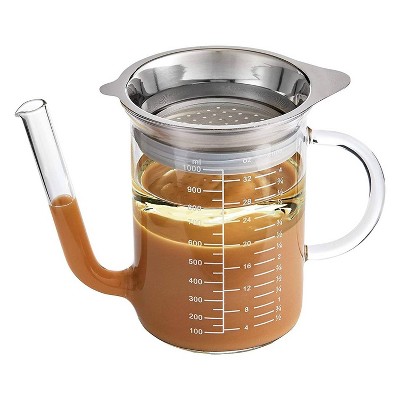 HIC Kitchen Gravy Strainer and Fat Separator, Heat-Safe Borosilicate Glass with 18/8 Stainless Steel Fine-Mesh Filter, 4-Cup (32-Ounce) Capacity