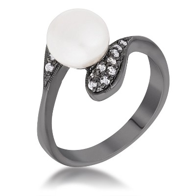 Slickblue Hematite Pearl Interlocked Double Teardrop Ring, Petite CZ Stones, Sophisticated Design, Sizes 5-10