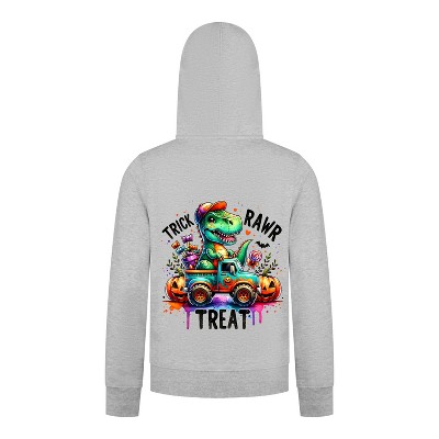 Everyday Kids “Trick RAWR Treat” Dinosaur Halloween Hoodie – Cute T-Rex Truck Graphic – Fun Fall Zip-up Sweatshirt for Boys, Heather Gray