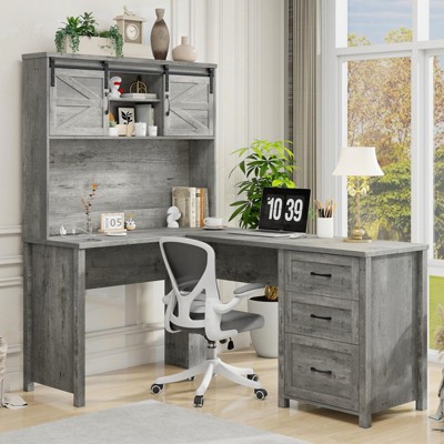68" H L Shaped Desk with Sliding Doors & Charging Station, Office Table Executive Desk
