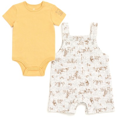 Disney Winnie the Pooh Mickey Mouse Minnie Mouse Eeyore Tigger Piglet Baby Bodysuit and Short Overalls Outfit Set Newborn to Infant