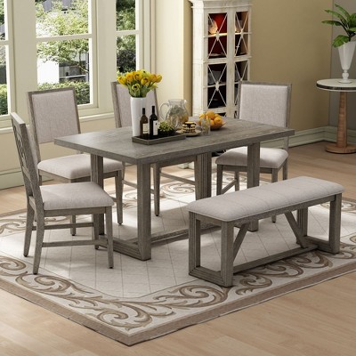 CAVINAS Dining Table Set for 6 Retro Rectangular Table with Trestle Base 4 Chairs and 1 Bench for Kitchen