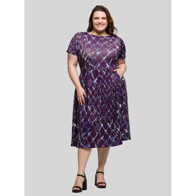 24seven Comfort Apparel Plus Size Purple Print Short Sleeve Pleated Flare Midi Pocket Dress