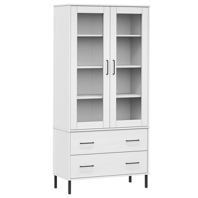vidaXL Bookcase White Solid pine wood, glass, metal Tall Bookcase