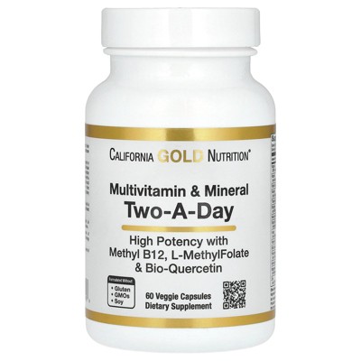 California Gold Nutrition Multivitamin and Mineral with Methyl B12, Vitamin C, L-MethylFolate and Bio-Quercetin, Two-A-Day, 60 Veggie Capsules