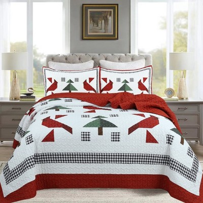 Marcielo 3 PCS Red Cardinals Christmas Quilt Bedspread Set