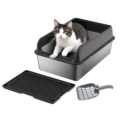 8'' Deep Stainless Steel Cat Litter Box with Lid, Large Metal Litter Box, Kitty Litter Box with Scoop and Mats, Non-Sticky, Easy Clean,Odorless