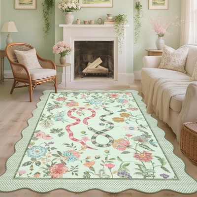 Scalloped Rug for Bedroom Non-Slip Floral Floor Mats