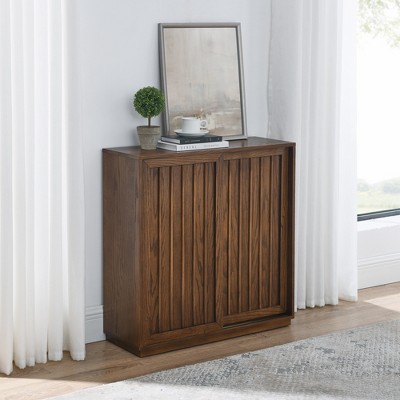 Mid-Century Modern Wood Storage Cabinet Sideboard with Sliding Door & Shelves, Accent Bookshelf for Entryway, Living Room, Hallway, or Office