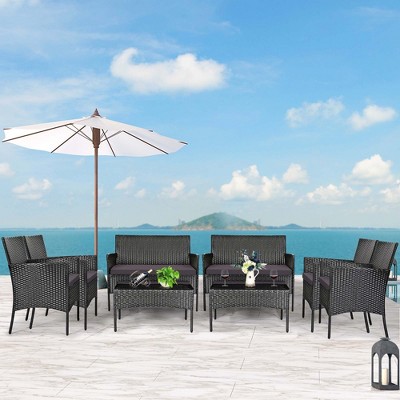 Costway 8PCS Patio Rattan Furniture Set Cushioned Sofa Coffee Table Backyard Turquoise/Red/Grey/White/Navy