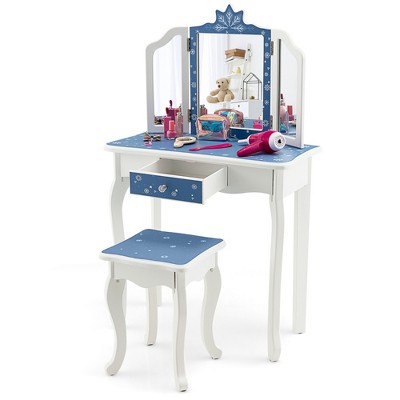 Costway 2 in 1  Kids Vanity Table and Chair Set with Drawer &Detachable Tri-Folding Mirror and Stool for Toddlers & Kids Pink/Blue