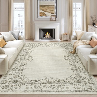 Vintage Area Rugs,Washable Bordered Floral Print Accent Carpet with Non-Slip Backing,Oriental Distressed Indoor Mat for Living Room, Kitchen, Bedroom