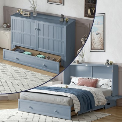 Mjkone Queen Murphy Bed Cabinet with Built-in Charging Station, Drawers, Folding Mattress for Bedroom Guest Room