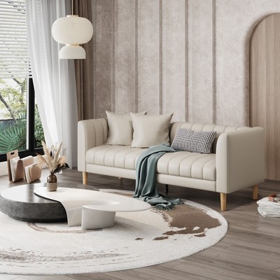 Faux Leather Sofa Couch - Modern 78" W Sofa with Deep Seats, 3 Seater Couch with 2 Throw Pillows, Wood Legs, Easy Assembly, for Living Room & Bedroom
