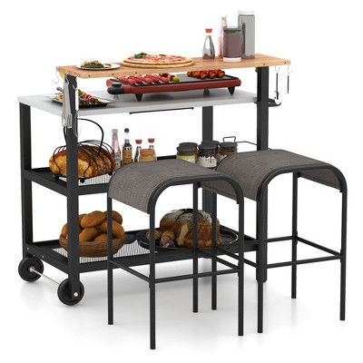 Tangkula Rolling Bar Cart w/ Flip-up Table Hooks Paper Towel Holder 2 Bistro Stools
