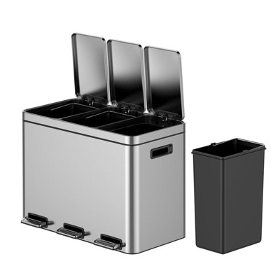 Dual Compartment Stainless Steel Step Trash Can – Kitchen Garbage & Recycling Bin with Soft-Close Lids & Removable Buckets