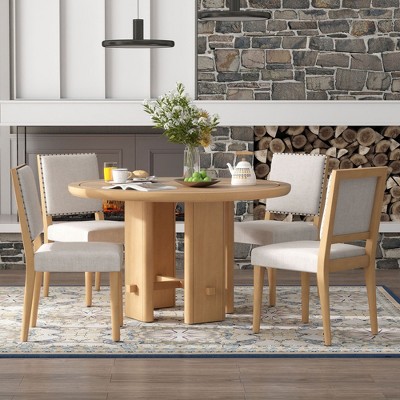 NicBex 5-Piece Round Dining Set for 4,Minimalist Farmhouse Dining Table with 4 Wood Upholstered Chairs,Dining Table Set for Dining Room