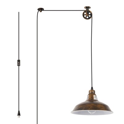 DORESshop 1-Light Rust Finish Pulley Pendant Light with 5m Cord and Button Switch, US Plug, Non-Integrated Bulb, Industrial Style