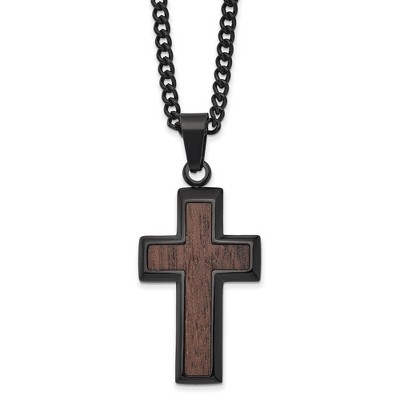 Black Bow Jewelry Mens Black Plated Stainless Steel & Wood Inlay Cross Necklace, 24 Inch