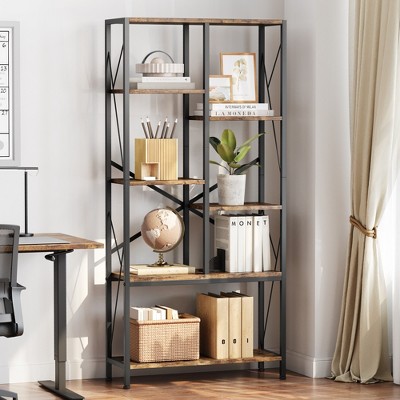 COZONY 5-Tier 69" Tall Bookshelf — Metal Frame Rustic Storage Rack with Open Shelves for Bedroom, Living Room & Home Office, Brown