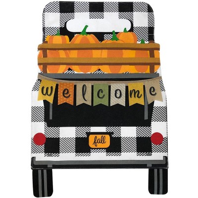 Black Checkered Truck Fall Burlap Garden Flag Pumpkins 12.5"x18" Briarwood Lane