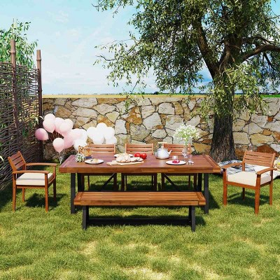 7 Piece Acacia Wood Outdoor Patio Dining Furniture Set,Wood Dining Table and 5 Chairs Set with Bench,Garden Dining Set for 7-8 Person-Coolbibila