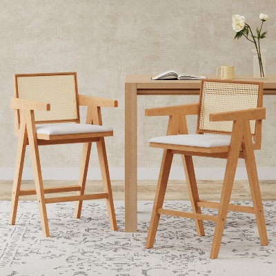 Christopher Knight Home Kelsey Modern Minimalist Rubberwood and Cane Upholstered Bar Stools (Set of 2)