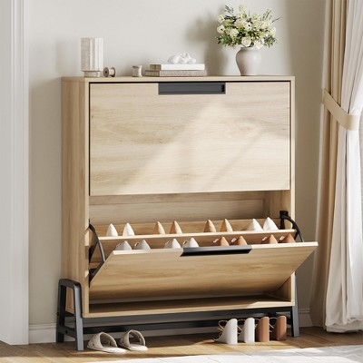 Shoe Storage Cabinet with 2 Flip Drawers, Freestanding Shoe Organizer with Metal Legs, Adjustable Shelf Narrow Shoe Rack Cabinet