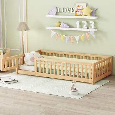 Kid-Friendly White Twin Floor Bed with Safety Guardrails and a Fun Door