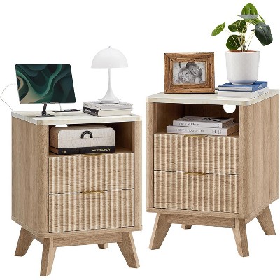 18" Modern Fluted Nightstand with Charging Station, Side Table with Faux Marble Top for Bedroom, Living Room