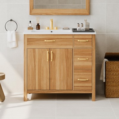 36"W Bathroom Vanity with Ceramic Sink, Bathroom Cabinet with Drawers, Soft-close Doors, Storage Cabinet and Adjustable Shelf, Natural-ModernLuxe