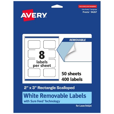 Avery Matte White Removable Rectangle Scalloped Labels with Sure Feed Technology, Print-to-the-Edge, 2" x 3"