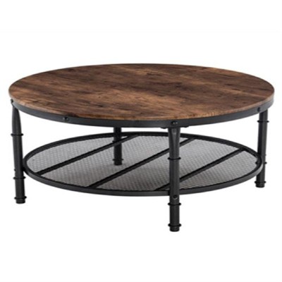 31.89in Double-layer Round Fire-burned Wood PVC Density Board Panel, Black Base with Silver Pattern Powder-coated Iron Frame Coffee Table