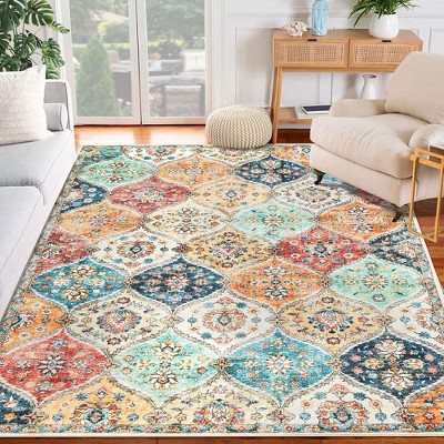 Machine Washable Moroccan Trellis Area Rug Vintage Medallion Distressed Rugs for Living Room