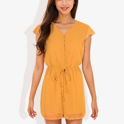Anna-Kaci Women's Clip Chiffon Button Down Detail Gathered Waist Short Flutter Sleeve Fashion Romper
