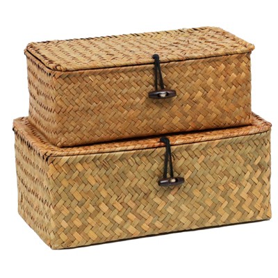 Aoibox Set of 2 Wicker Basket with Lid Seagrass Woven Decorative Storage Bins for Organizing Home and Closet